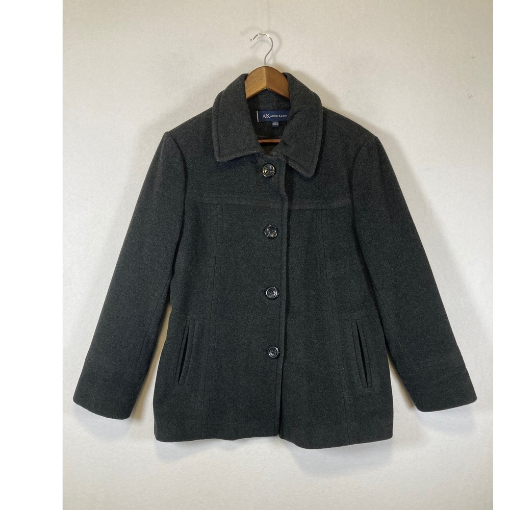 Classic Anne Klein‎ Women Large Charcoal Grey Wool Blend Button Front Pea Coat